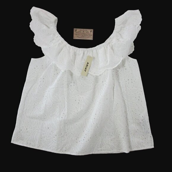 Ariat Women's Ruffle Shoulder Eyelet Coquette Top Blouse Cloud Dancer - Picture 3 of 5